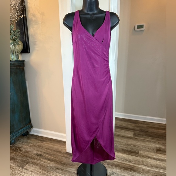 H&M Hennes Collection Purple w/ Gold Sparkle Hi-Lo Wrap Waist Cocktail Dress Sz8 - Picture 1 of 6